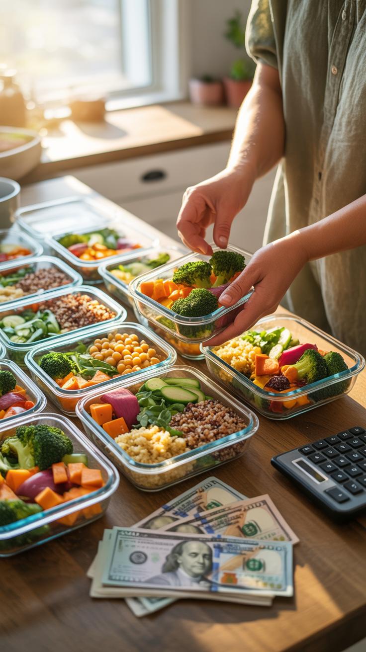 A person in a linen shirt is preparing multiple clear glass containers filled with various healthy meal components, such as grains, vegetables, and gr