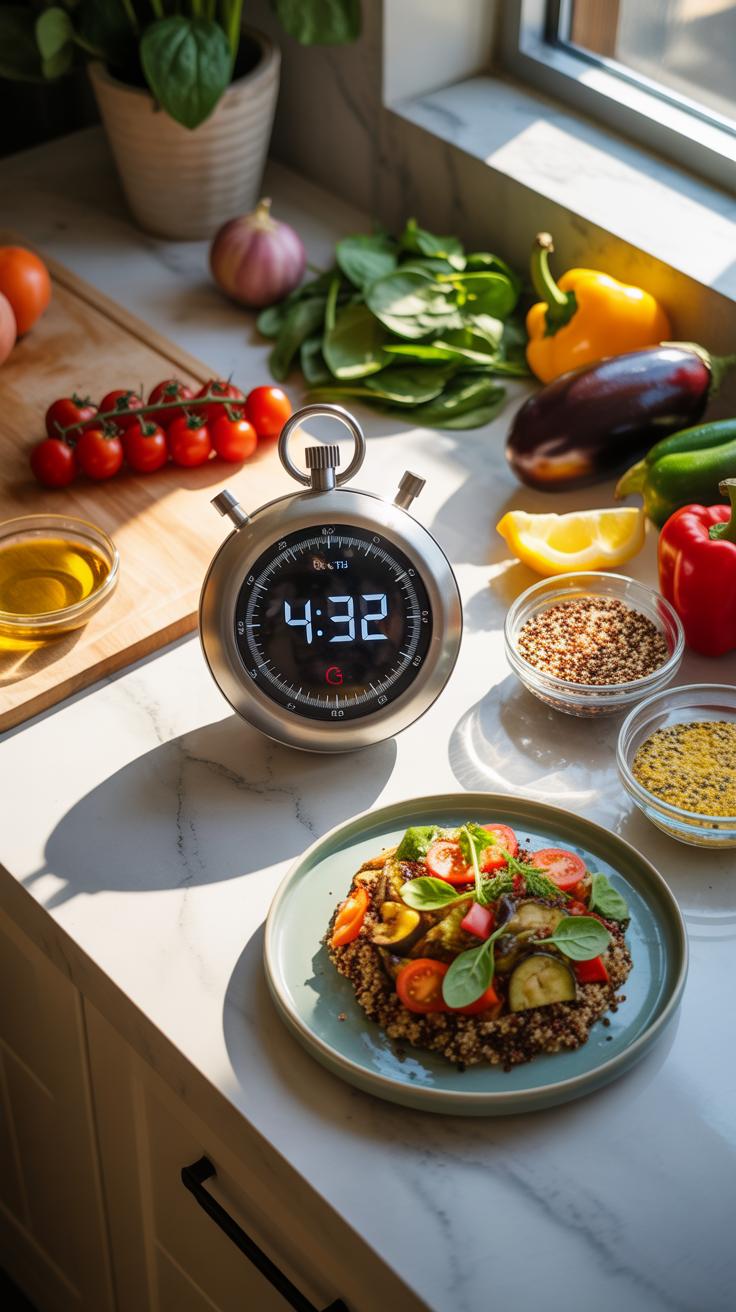 A modern kitchen counter bathed in sunlight features a variety of fresh vegetables, bowls of grains, cooking oil, a timer set to 4:32, and a prepared