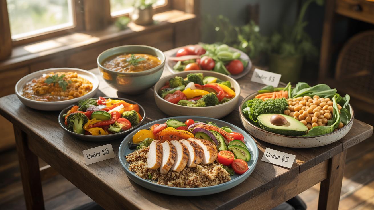 A wooden table in a sunlit room displays six bowls and plates filled with various healthy and colorful meals, including salads, grain bowls, and what