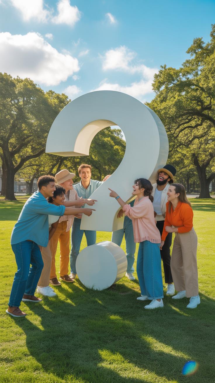 A diverse group of eight young adults stands in a grassy park, all pointing towards a large, white, three-dimensional question mark sculpture. The sky