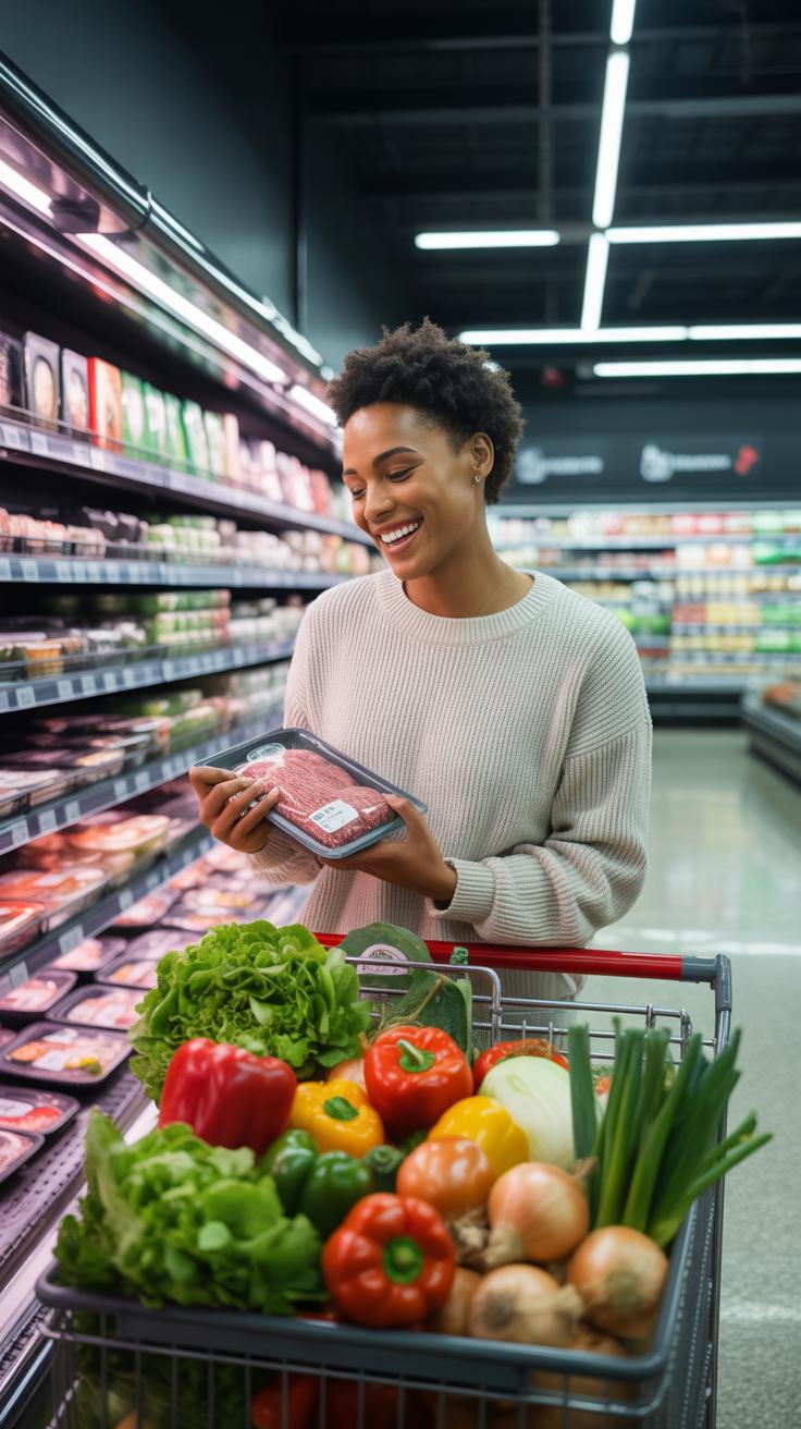 A smiling Black woman with short curly hair holds a package of meat while standing in a grocery store aisle with a shopping cart full of colorful fres