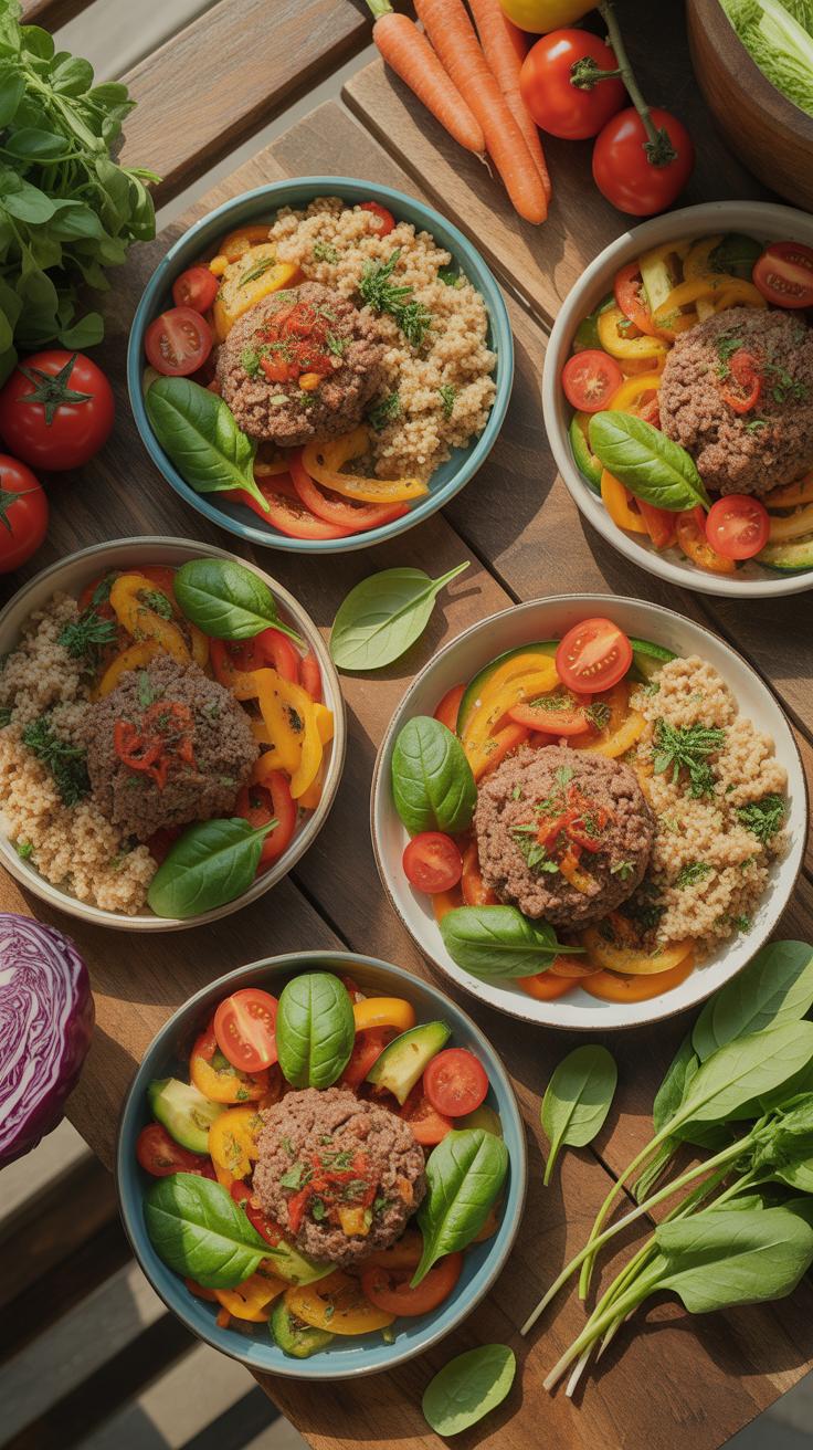 Several bowls are neatly arranged on a wooden surface, each containing a serving of fluffy quinoa, a circular patty, vibrant yellow and red bell peppe