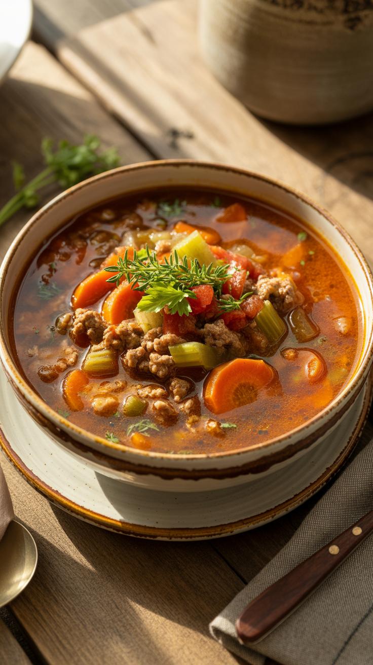 A rustic bowl of hearty ground beef and vegetable soup, garnished with fresh dill, is placed on a wooden table next to a folded napkin and cutlery, wi