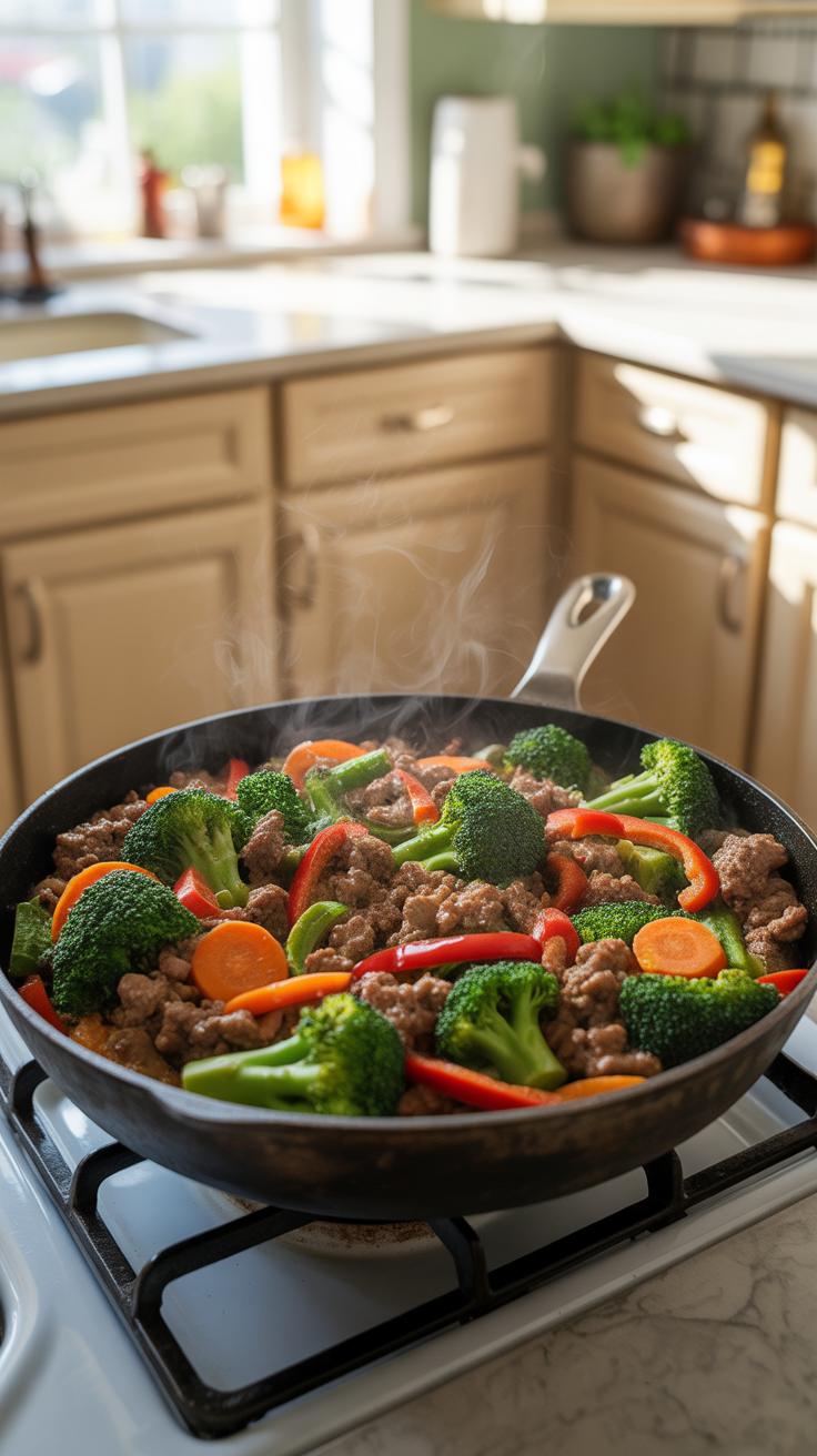 A large black skillet filled with steaming stir-fried ground meat and colorful vegetables, including broccoli florets, sliced carrots, and red bell pe