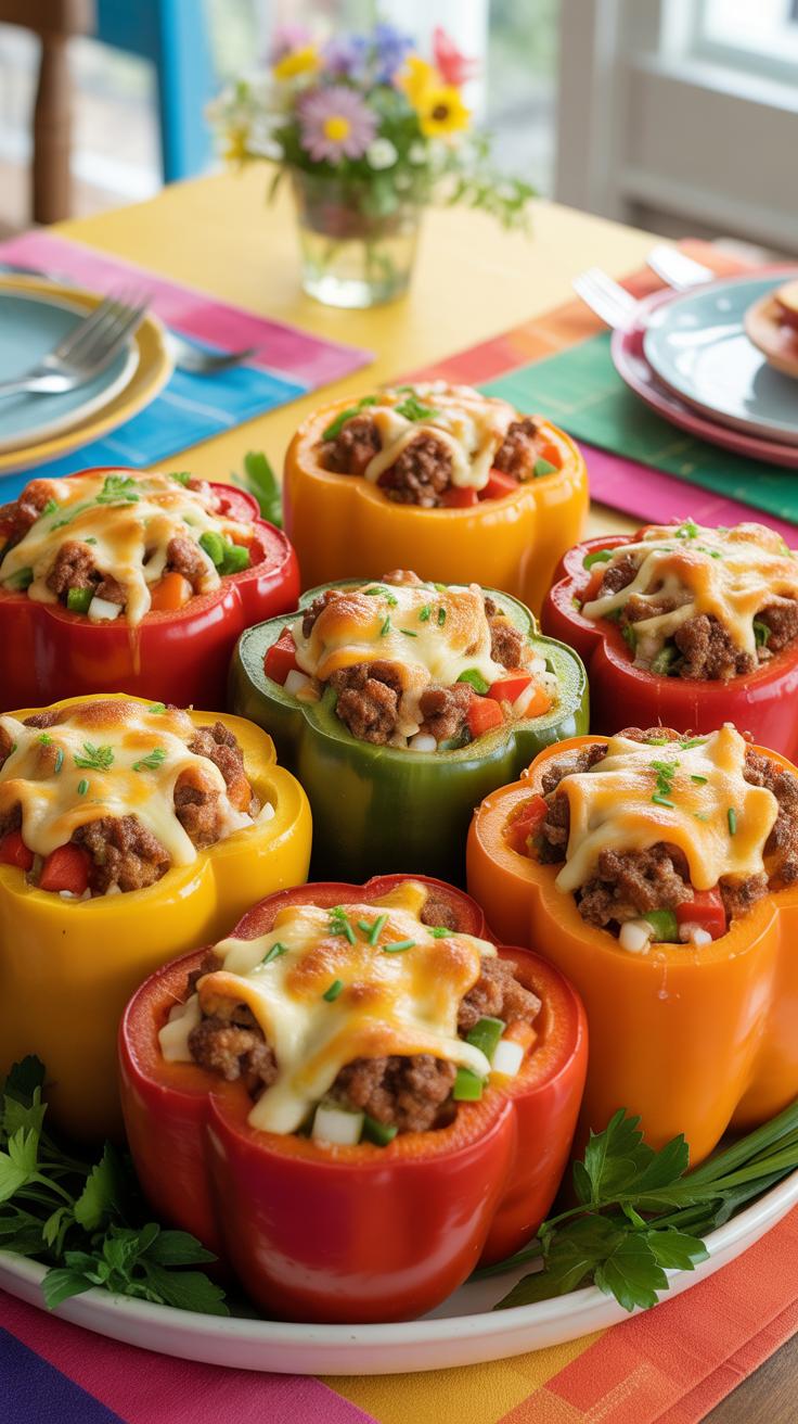 A white platter filled with seven colorful bell peppers stuffed with ground meat and melted cheese, arranged on a vibrant striped placemat on a wooden