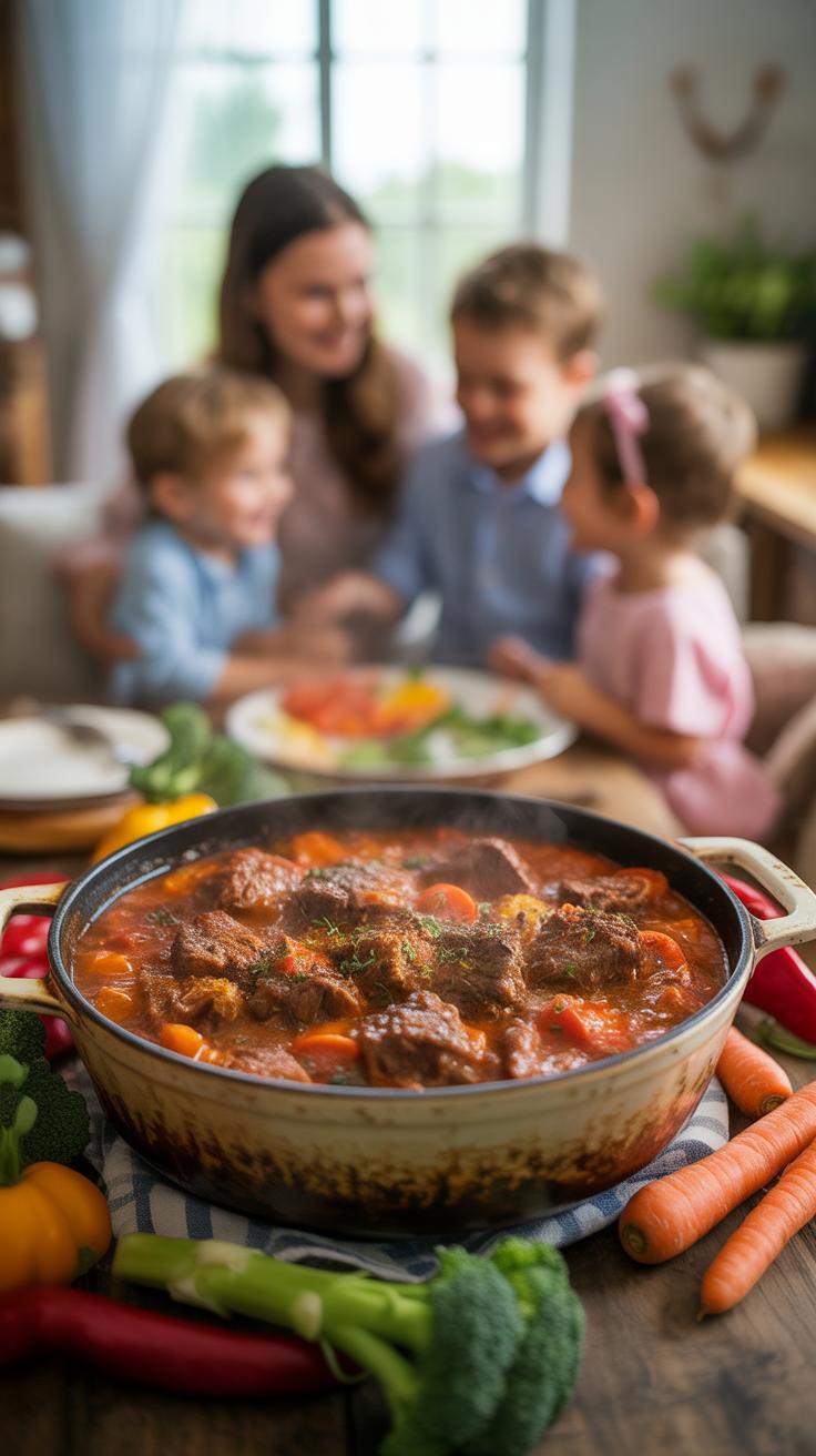 A close-up view of a steaming skillet filled with a hearty meat and vegetable stew, with a blurred background showing a smiling mother and three young