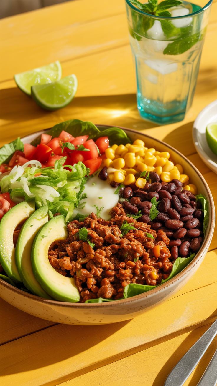 A colorful taco salad bowl with ground meat, black beans, corn, avocado slices, lettuce, shredded lettuce, tomatoes, and a dollop of sour cream or dre