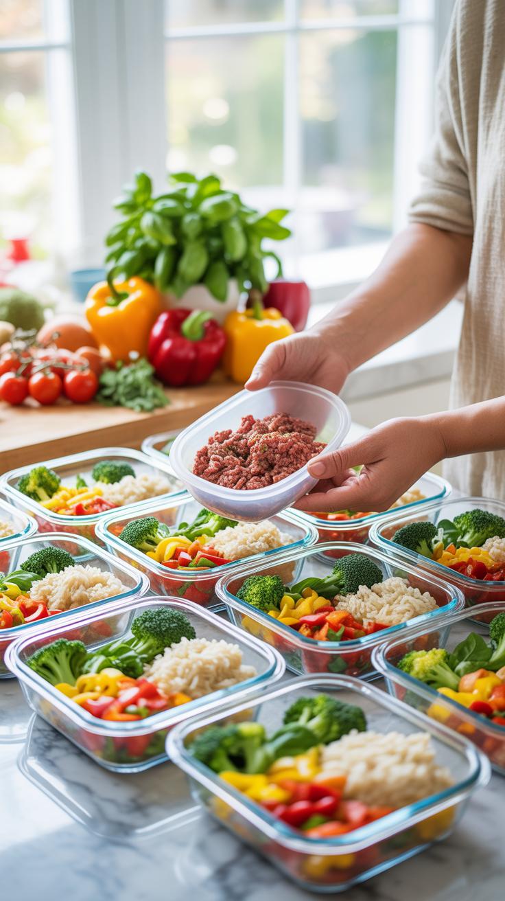 A person is shown from the chest down, wearing a light-colored top, carefully placing a container of ground meat into one of many prepared meal prep c