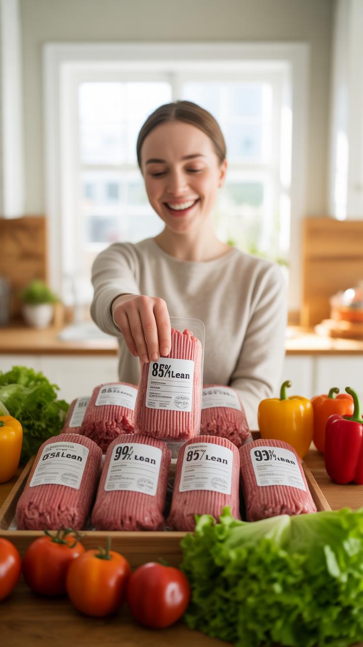A smiling young woman in a light-colored sweater extends her hand towards the viewer, holding a package of ground meat, while surrounded by many more
