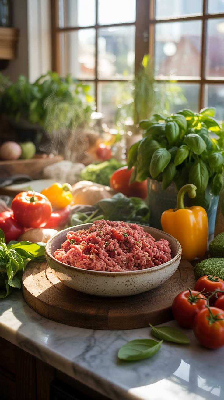 A bowl of raw ground meat sits on a wooden cutting board on a marble countertop, surrounded by various fresh vegetables and herbs, with a sunlit windo