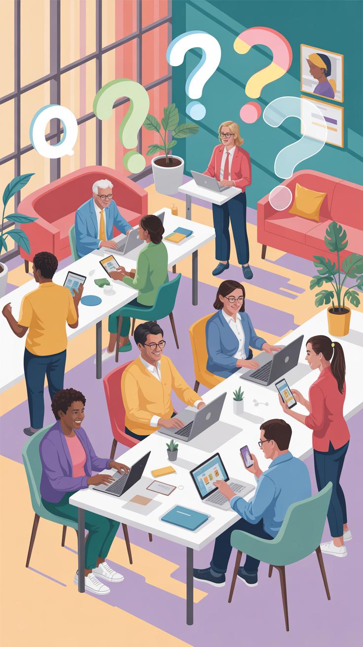 An isometric illustration depicts an open-plan office where a diverse group of professionals are working at desks, some on laptops and others interact