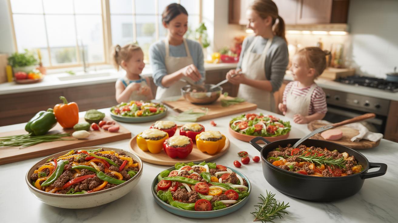 Two adult women and two young children are gathered in a modern kitchen around a large island counter laden with numerous colorful dishes of healthy f