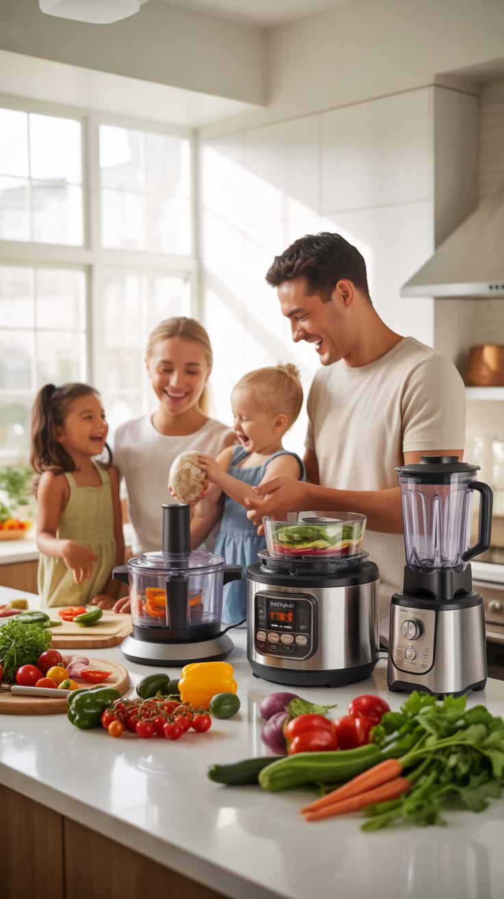A smiling family of four, including two parents and two young children, stands around a bright kitchen island preparing vegetables with various kitche