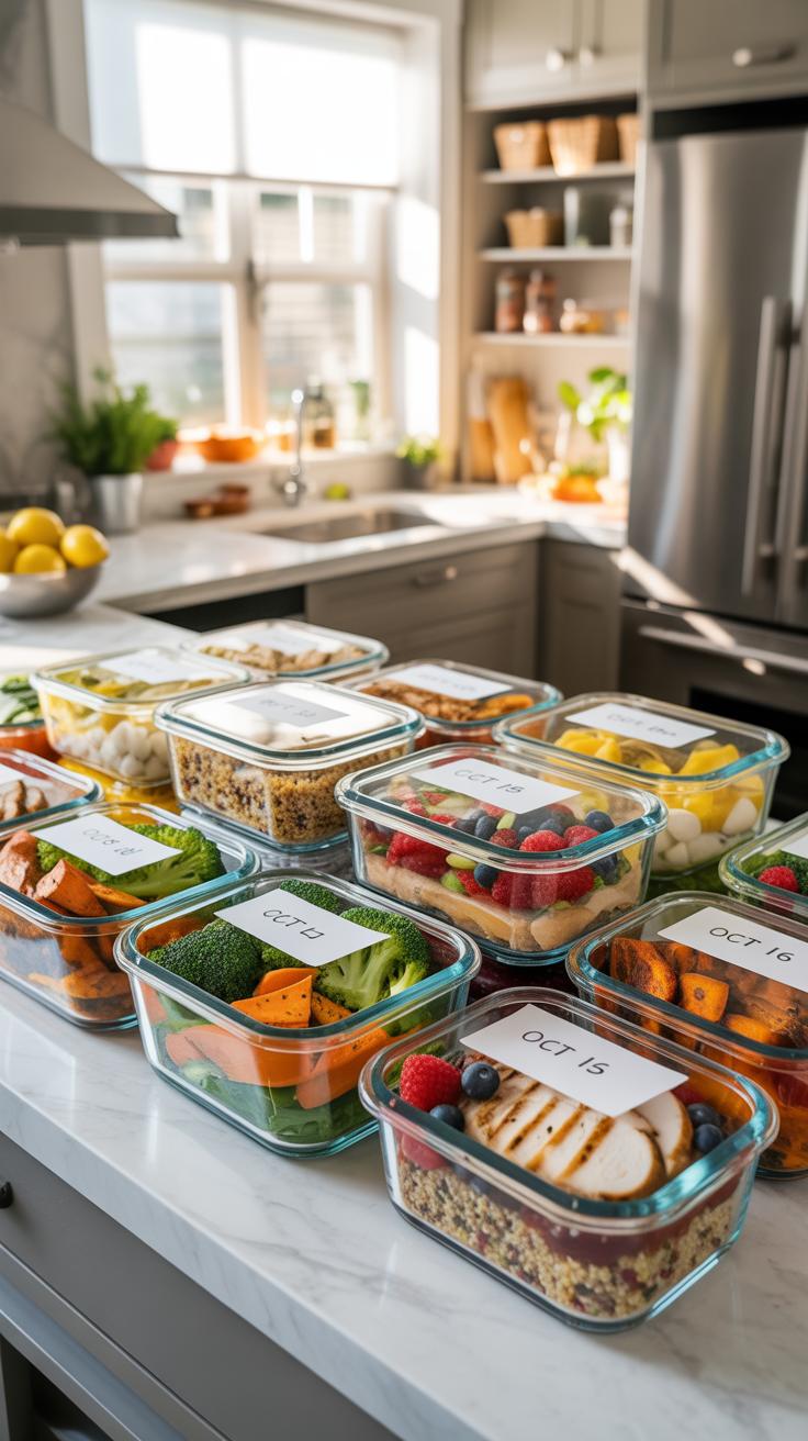 Numerous glass meal prep containers filled with various healthy foods like grilled chicken, vegetables, fruits, and grains are neatly arranged on a wh