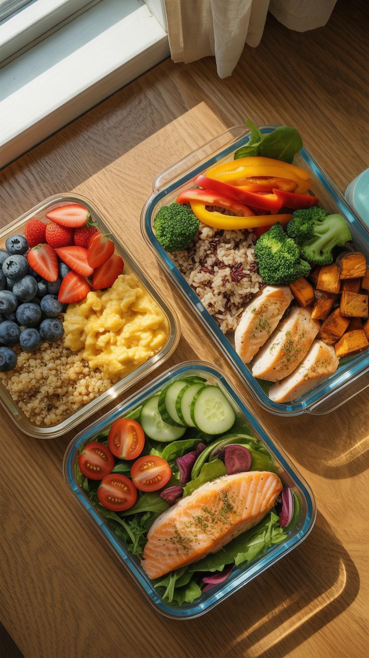 Three glass meal prep containers filled with various healthy foods are arranged on a light wooden surface next to a window, illuminated by warm sunlig
