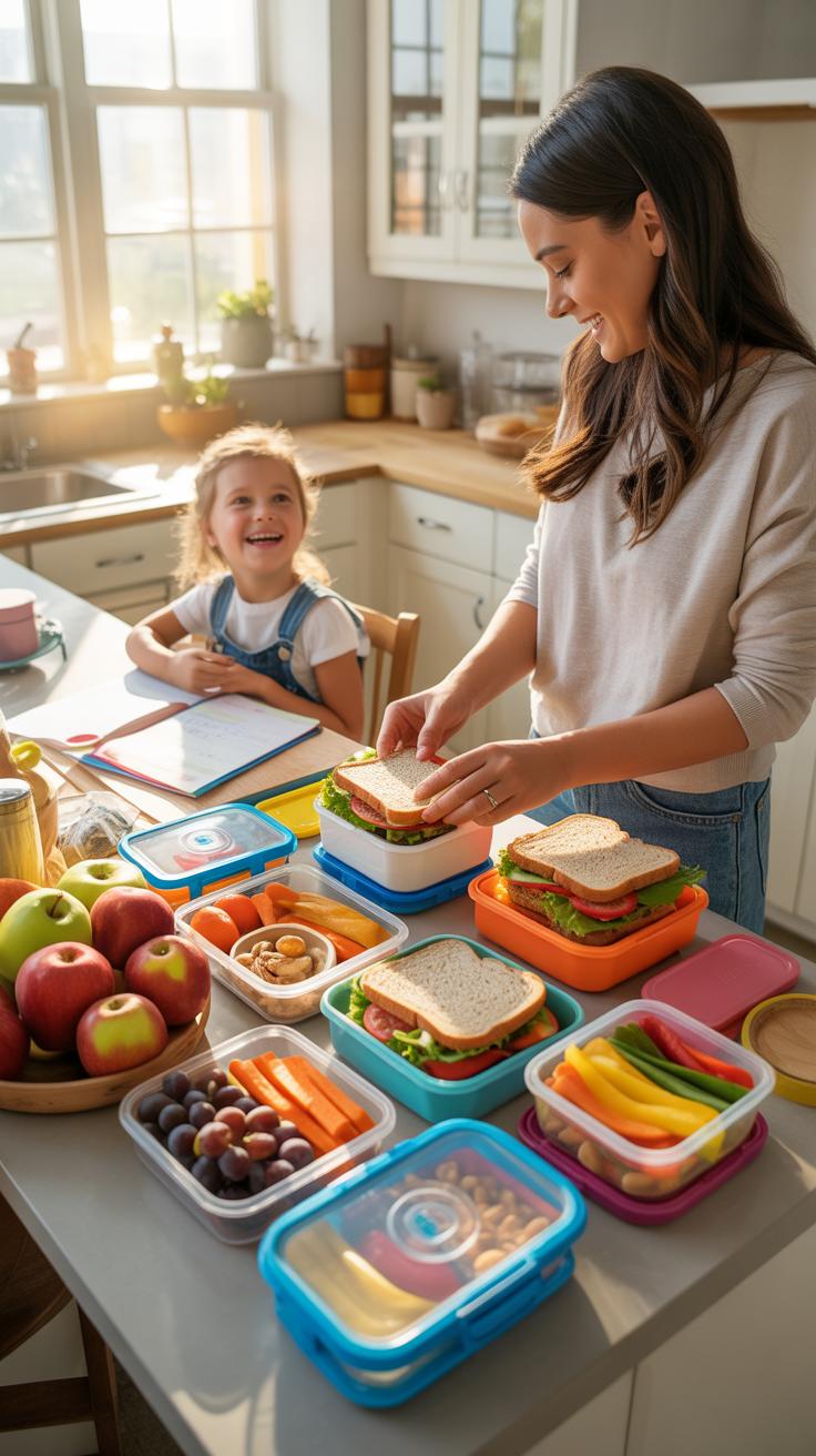 A mother and her young daughter are in a sunlit kitchen, with the mother preparing multiple bento-style lunchboxes filled with sandwiches, fruits, and