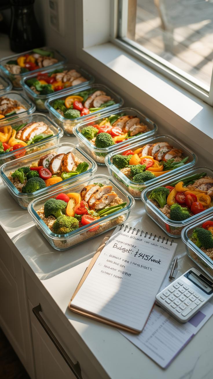 Rows of prepared meal prep containers filled with chicken, rice, broccoli, and bell peppers sit on a sunlit kitchen countertop next to a notepad and c