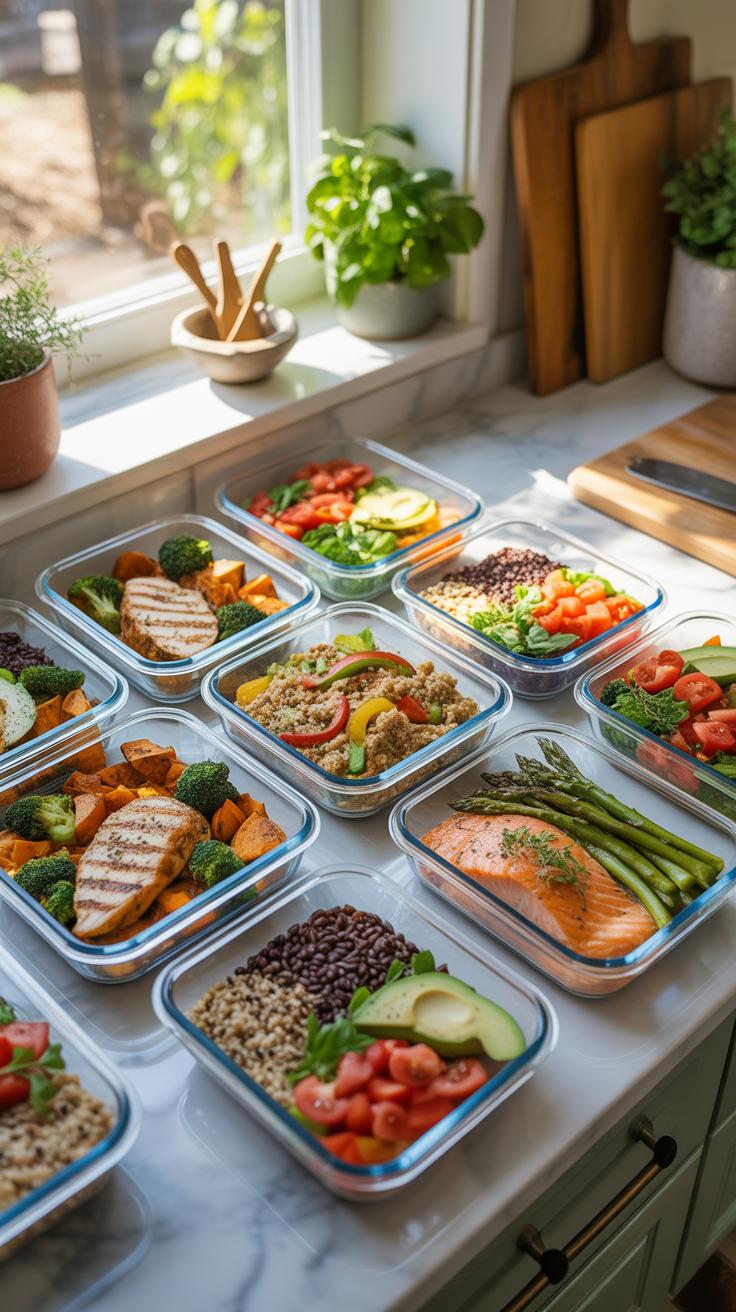 A brightly lit kitchen countertop holds numerous clear glass meal prep containers filled with various healthy foods, including grilled chicken, salmon