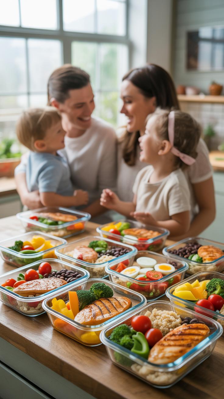 A family of four, including parents and two young children, stands in a brightly lit kitchen, smiling and looking at each other, while a kitchen count
