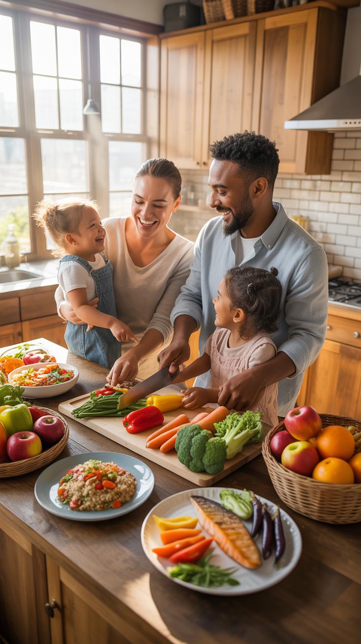 A diverse family of four, including two young children, happily prepares a healthy meal with fresh vegetables and fruits in a sunlit kitchen, featurin
