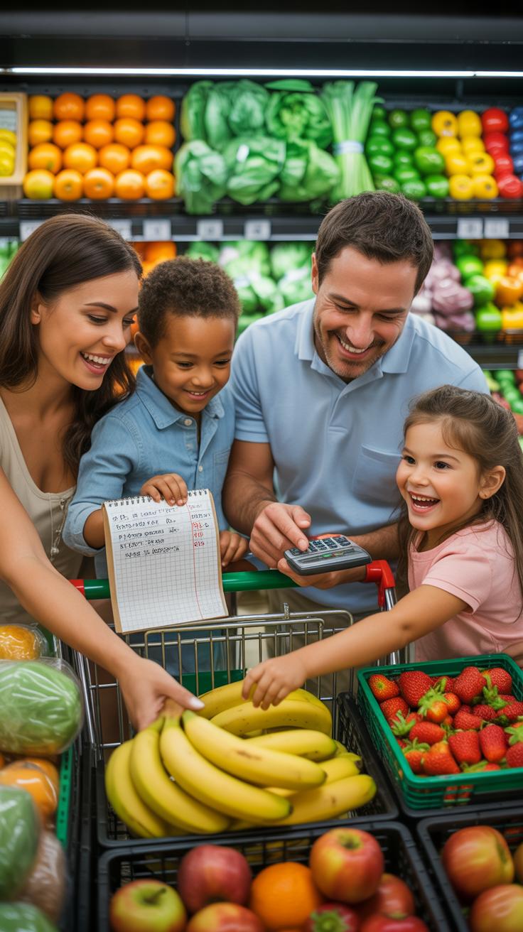 A diverse family, including a smiling woman, man, and two young children, stands in a brightly lit supermarket aisle with colorful produce, engaging w