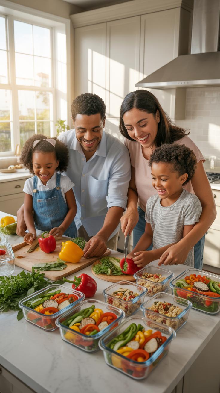 A diverse family of four, including two young children, happily prepares fresh vegetables in a brightly lit kitchen. They stand around a marble island