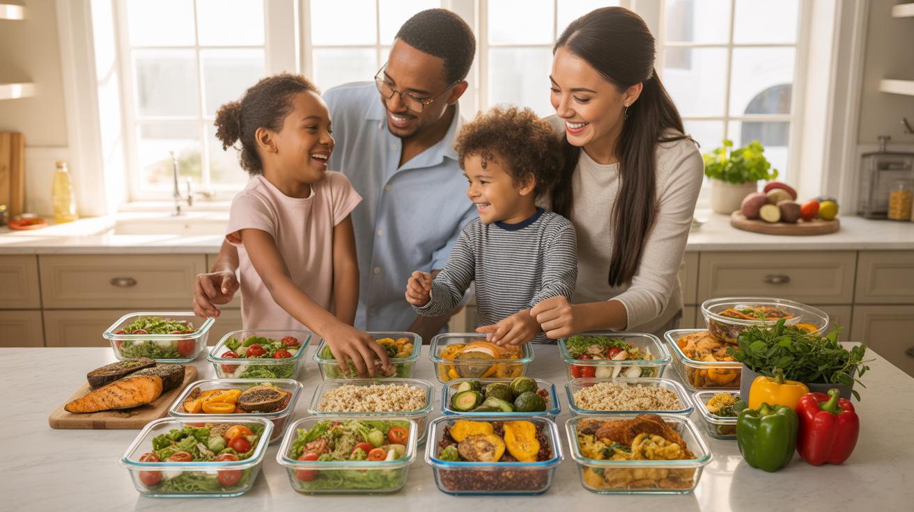 A mixed-race family of four, including two young children, happily prepares meals in a bright kitchen, surrounded by numerous glass food containers fi