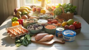 A brightly lit table is covered with a bountiful spread of fresh fruits, vegetables, eggs, raw chicken breasts, canned goods, and various legumes and