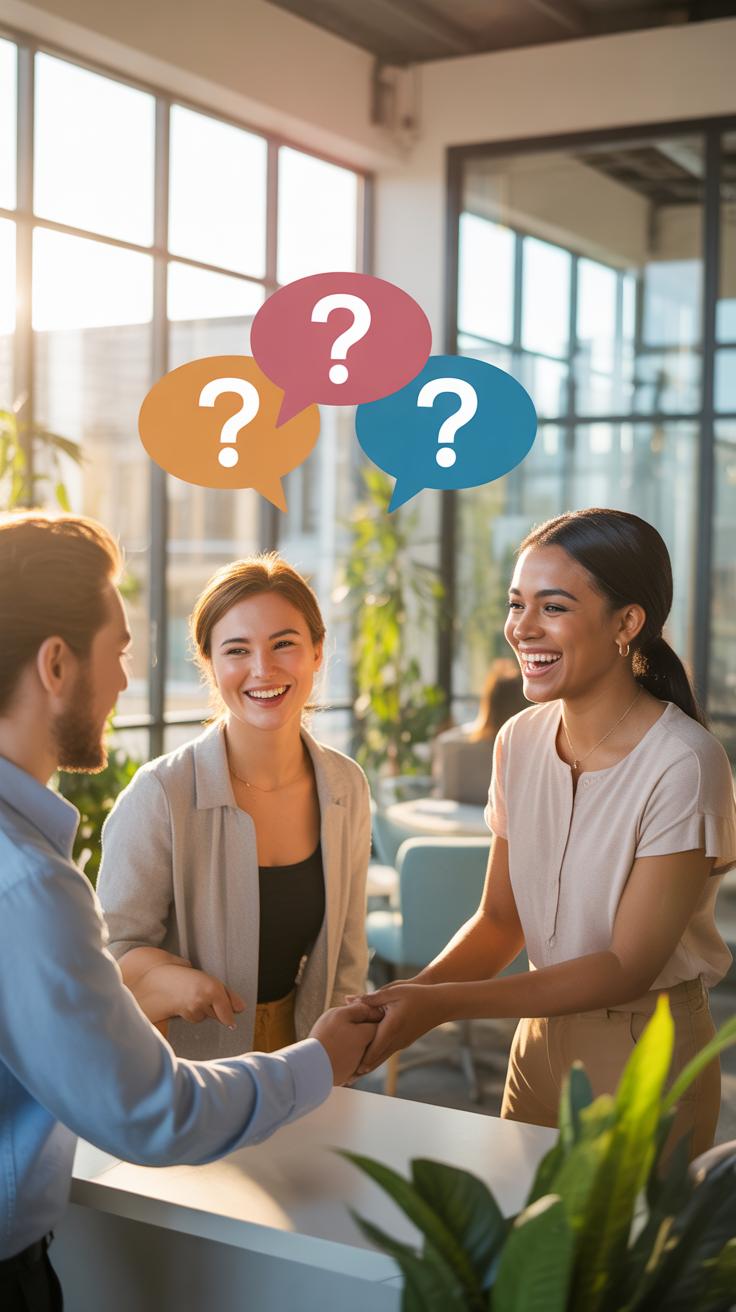 Three smiling professionals, two women and one man, are engaged in a conversation and handshake in a brightly lit office setting, with colorful questi