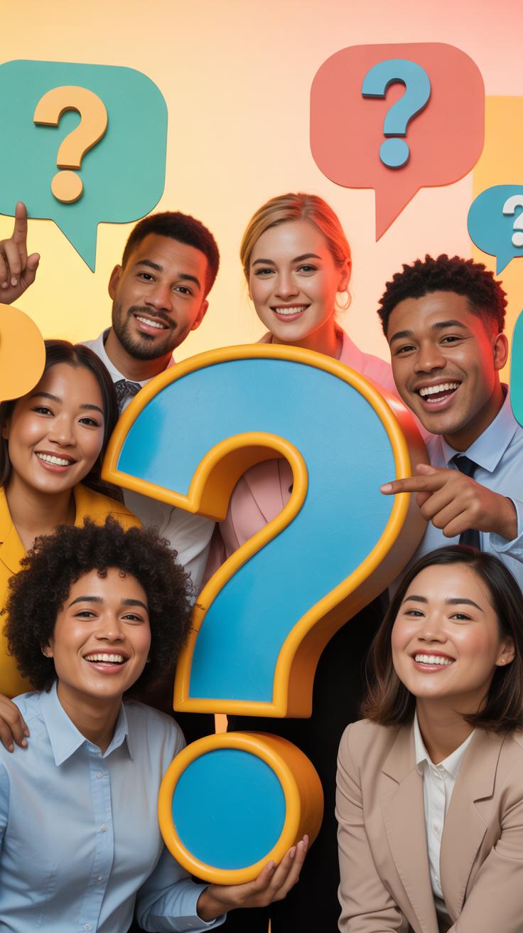 A diverse group of seven young professionals smiles and interacts with large, colorful 3D question marks, with some pointing at them and others holdin