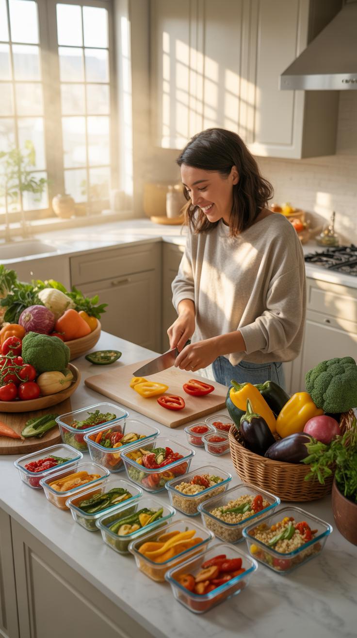 A smiling young woman stands in a bright kitchen, slicing bell peppers on a cutting board, surrounded by numerous bowls of fresh vegetables and rows o