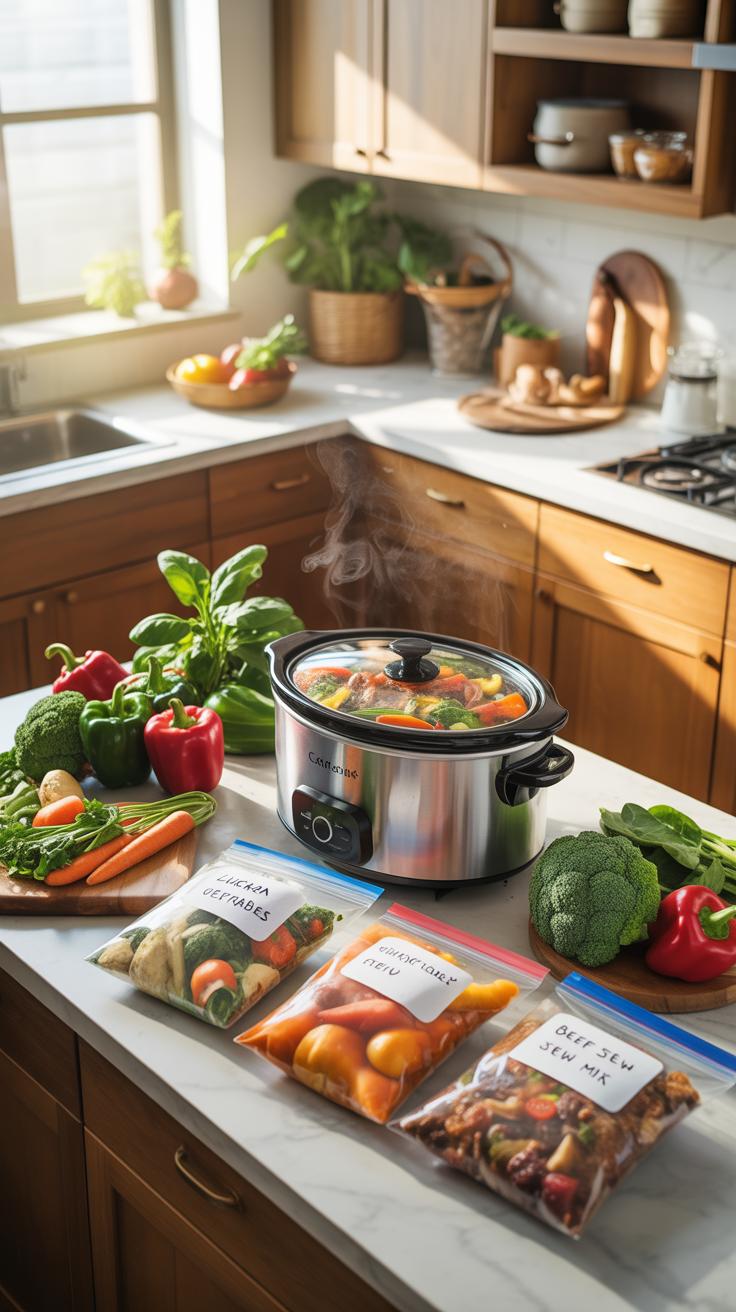 A brightly lit kitchen counter displays a silver slow cooker emitting steam, surrounded by fresh vegetables like bell peppers, carrots, broccoli, and