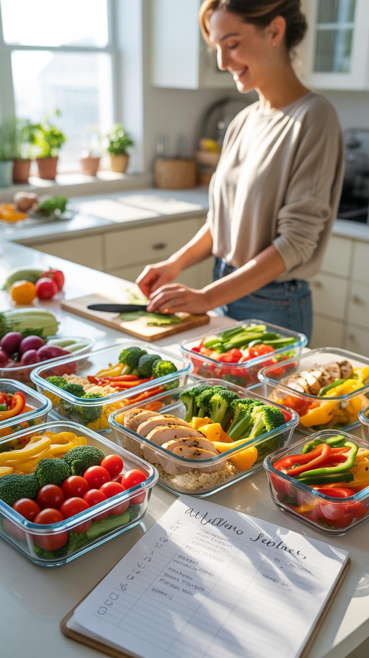 A smiling young woman in an apron is chopping green vegetables on a cutting board in a brightly lit kitchen, surrounded by multiple glass meal prep co