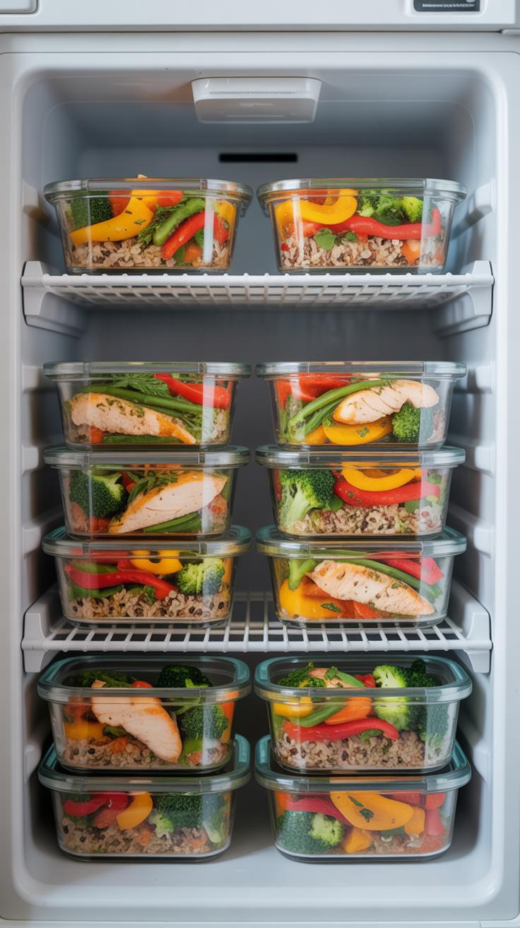 A full, white, open refrigerator is packed with twelve clear glass meal prep containers, each holding a colorful, cooked meal with protein, grains, an