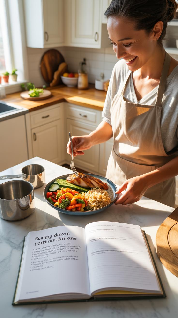 A smiling woman in an apron stands in a sunlit kitchen, carefully serving a healthy meal from a plate with a fork, while an open cookbook lies on the