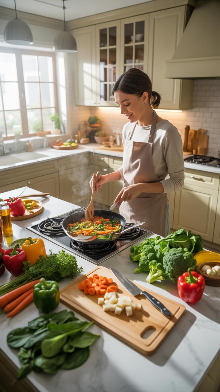 A young woman with dark hair, wearing an apron, is standing in a brightly lit kitchen, stirring vegetables in a black frying pan on a gas stovetop. Fr