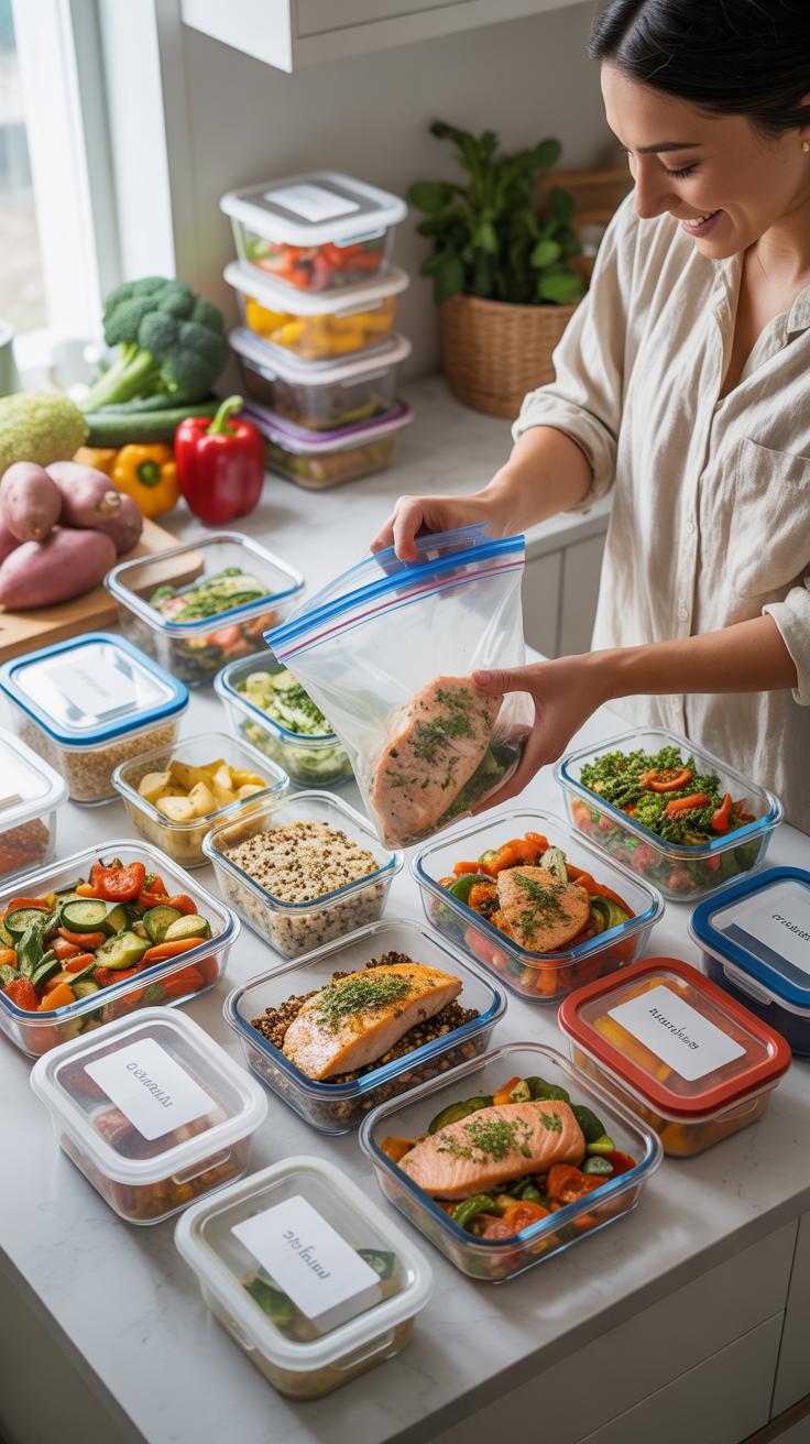A woman with dark hair stands in a bright kitchen, smiling as she places a cooked salmon fillet into a clear meal prep container, surrounded by many o