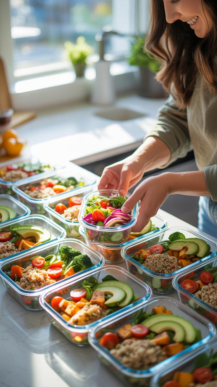 A woman with long brown hair, wearing a green top, stands at a kitchen counter, placing a clear container filled with a colorful salad onto a table al