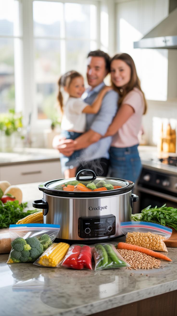 A stainless steel Crock-Pot slow cooker filled with vegetables is on a kitchen counter, surrounded by plastic bags of prepped vegetables and legumes,