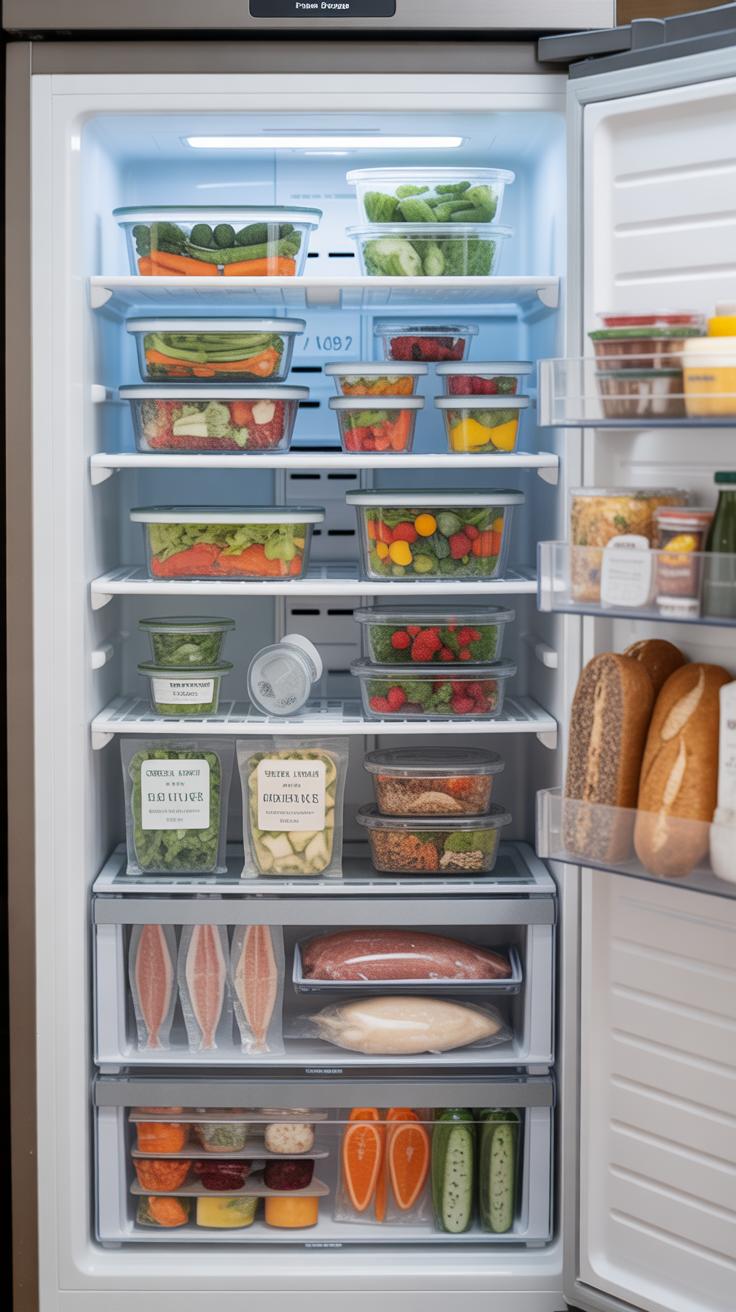 An open, organized refrigerator filled with clear containers of fresh fruits, vegetables, and other food items, illuminated by interior lights.