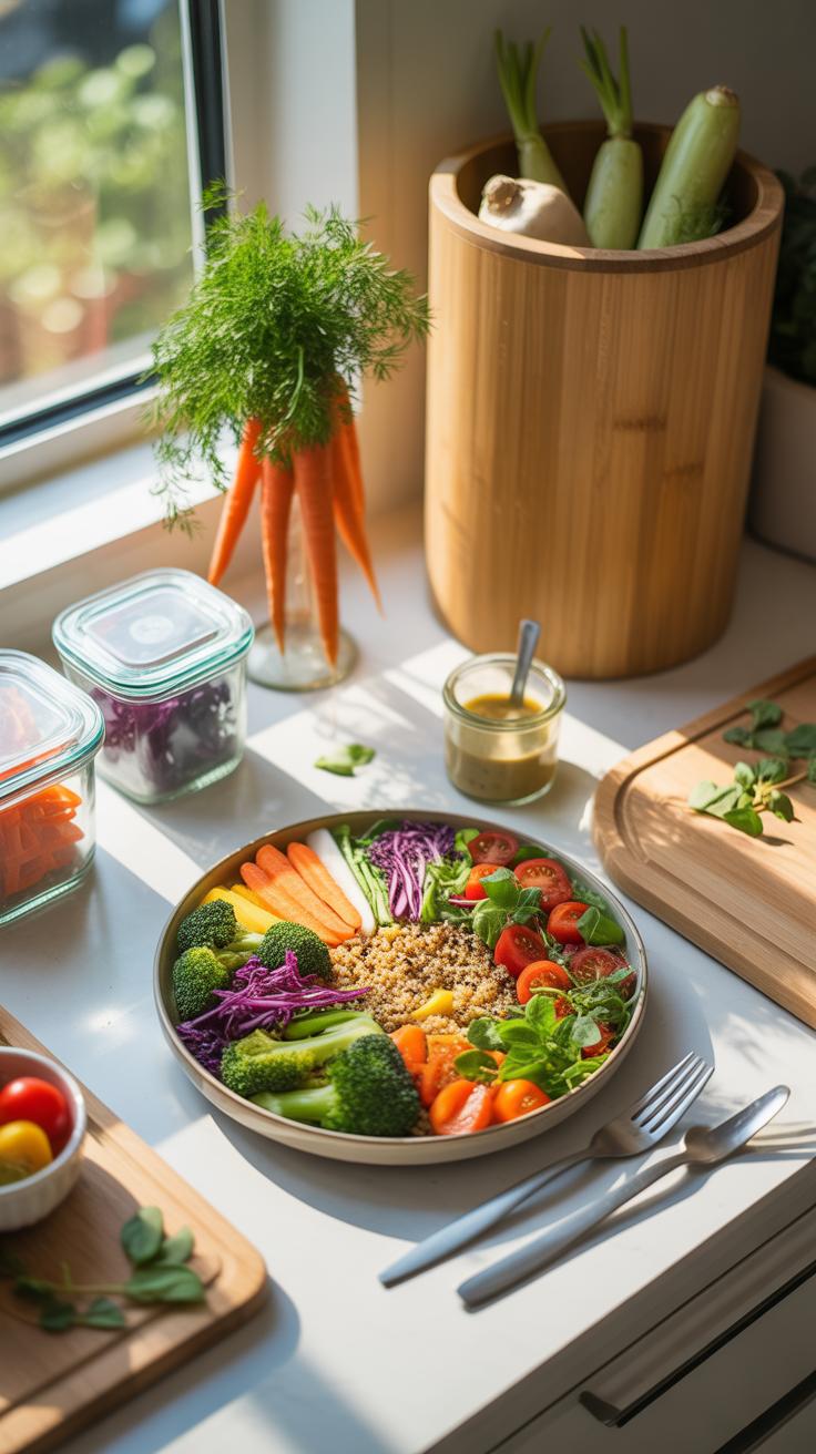 A vibrant, colorful Buddha bowl filled with various vegetables and grains is centered on a sunlit white countertop, surrounded by fresh produce, glass