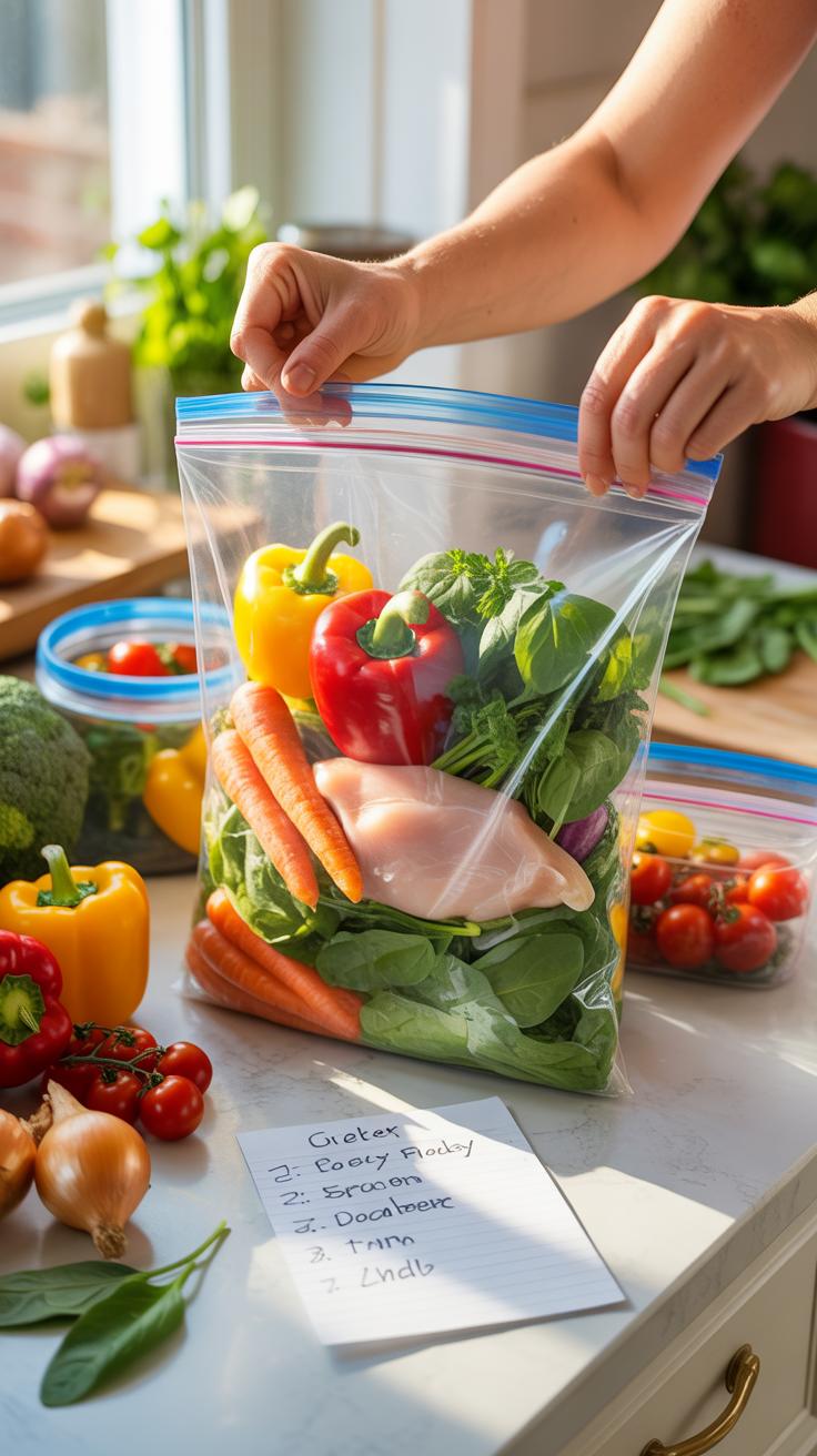 A person's hands are sealing a clear plastic zip-lock bag filled with uncooked vegetables and raw chicken breast on a kitchen counter, with other fres