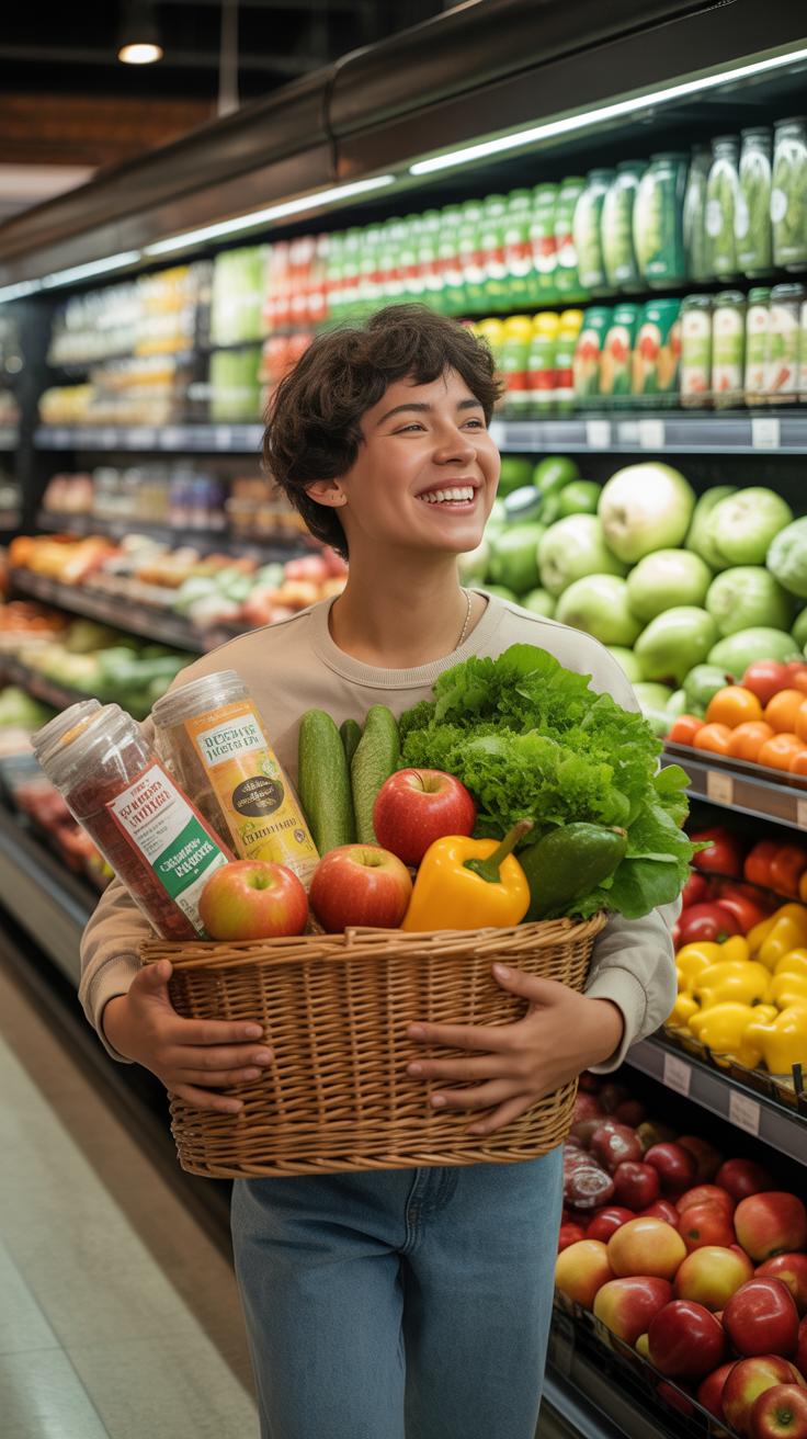A smiling young woman with short curly brown hair stands in a grocery store aisle, holding a large wicker basket overflowing with fresh fruits and veg
