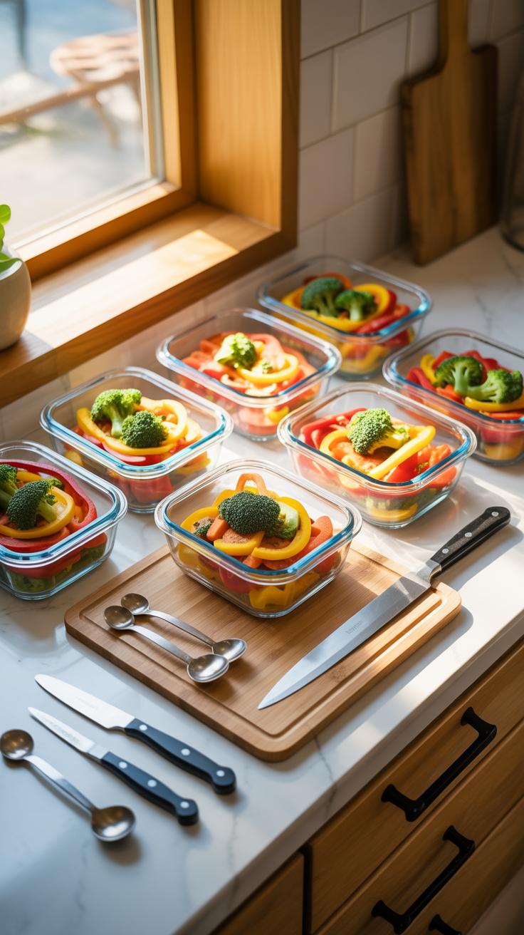 Several clear glass meal prep containers filled with colorful sliced bell peppers and broccoli florets are arranged on a white kitchen counter, with a