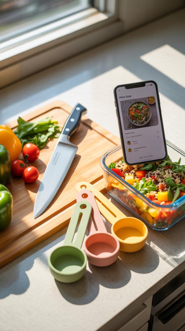 A flat lay shot of a meal prep station on a kitchen counter, featuring a wooden cutting board with a knife, yellow and green bell peppers, and cherry