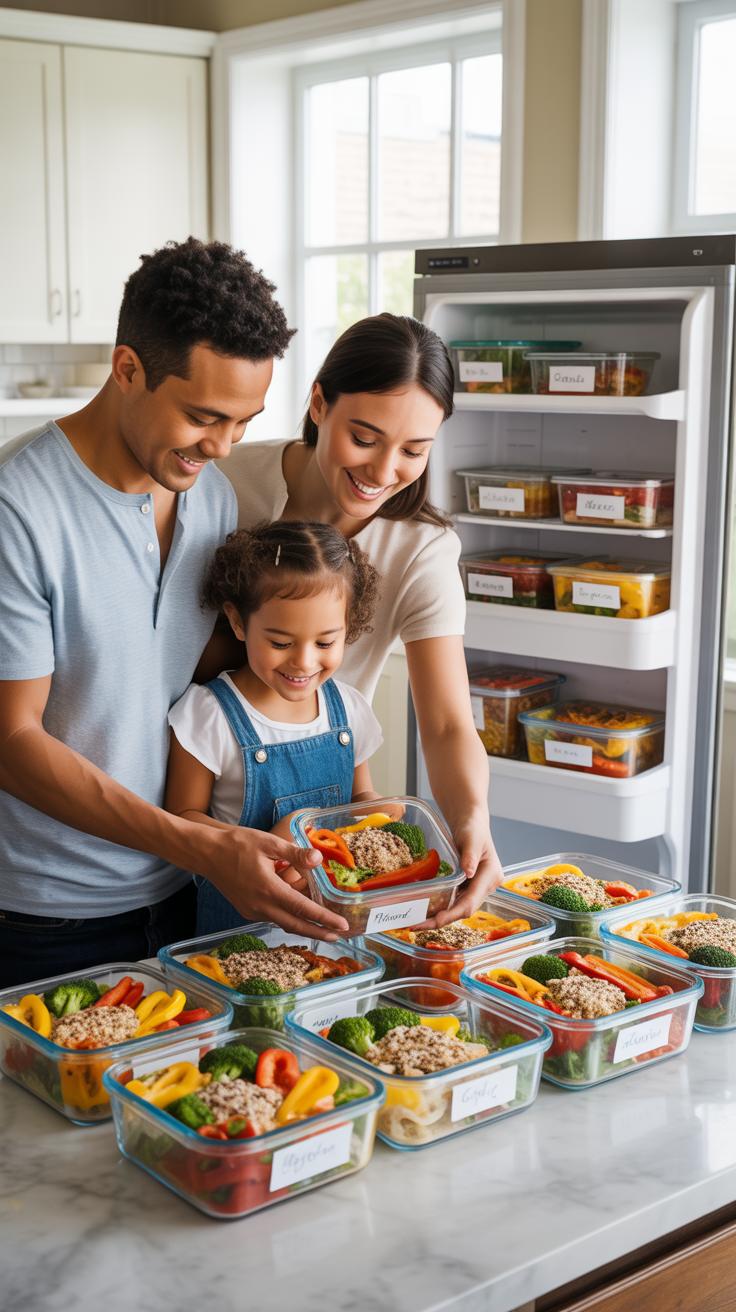 A smiling family of three, including a father, mother, and young daughter, stand in a kitchen with an open refrigerator filled with meal prep containe