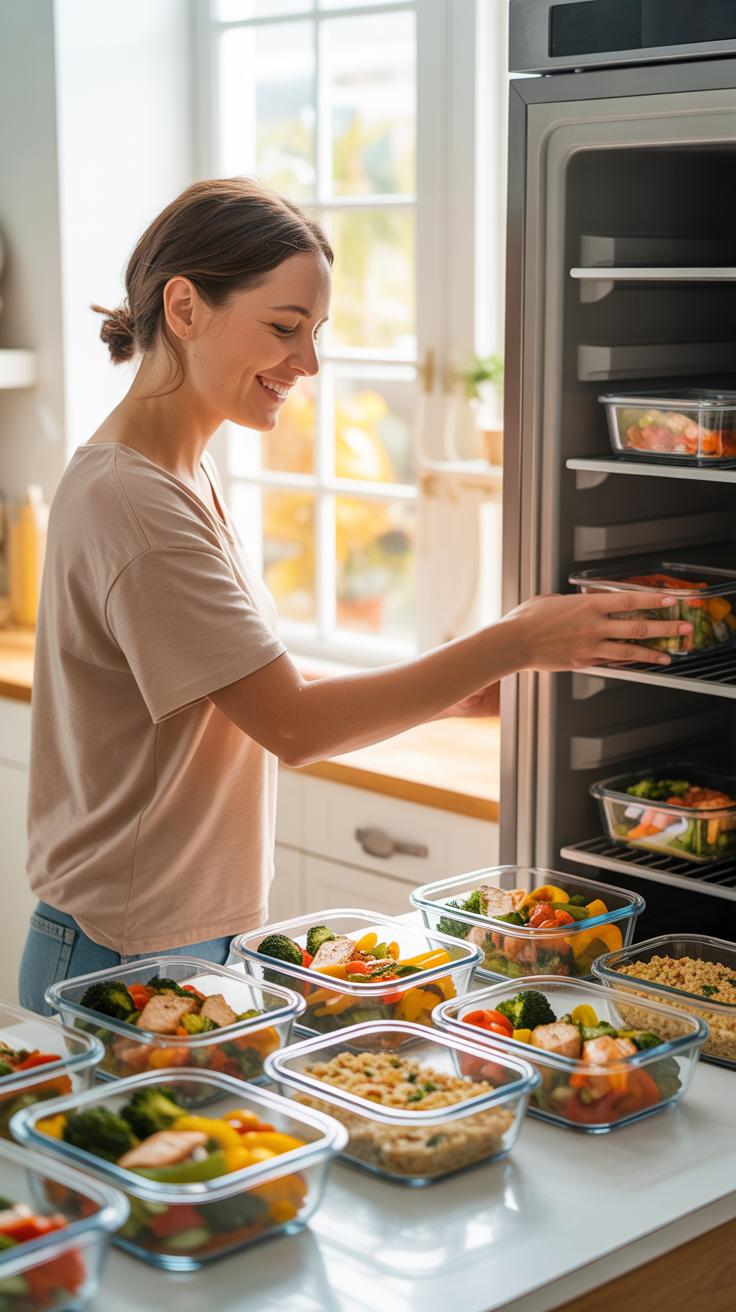A smiling young woman with dark hair tied back is standing in a brightly lit kitchen, placing a clear glass food container filled with colorful prepar