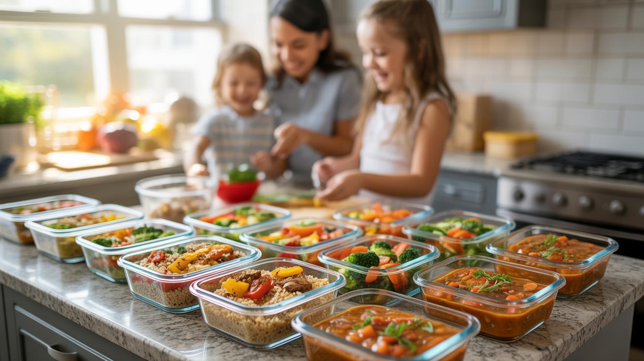 A mother and her two young daughters are in a sunlit kitchen, standing behind a kitchen counter laden with many glass meal prep containers filled with