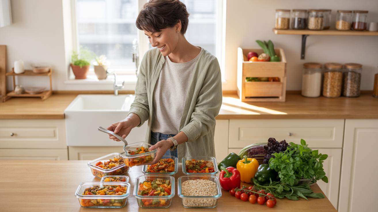 A smiling woman with short, dark curly hair, wearing a light green cardigan over a beige top, stands in a brightly lit kitchen, portioning chopped veg
