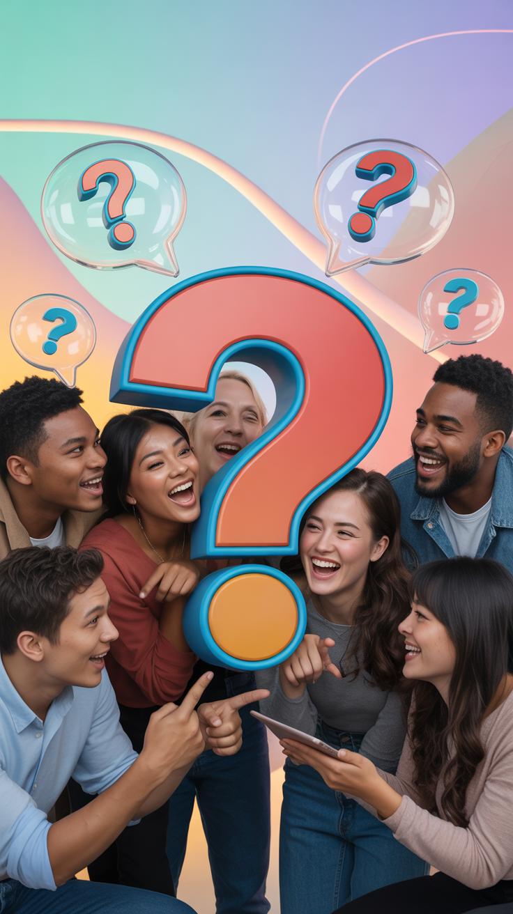 A diverse group of eight young adults, four men and four women, laugh and point at a large, blue-outlined red question mark in the center, with smalle